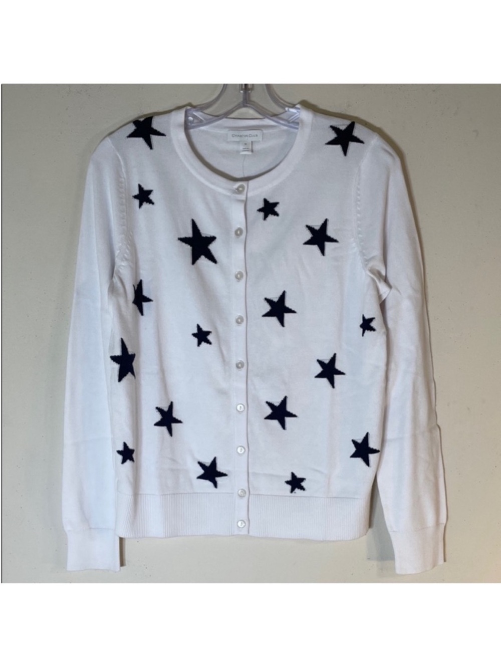 Charter Club White Cardigan with Navy Star Pattern